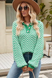 Green and white chevron knit polo sweater with button detail
