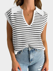 White and black striped ribbed knit polo vest with a V-neck and collar