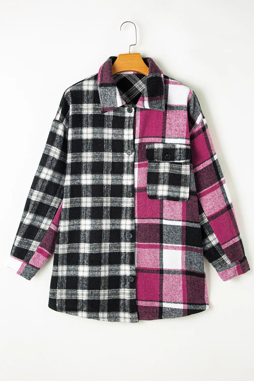 Colorblock plaid oversized shacket with button front and chest pocket.