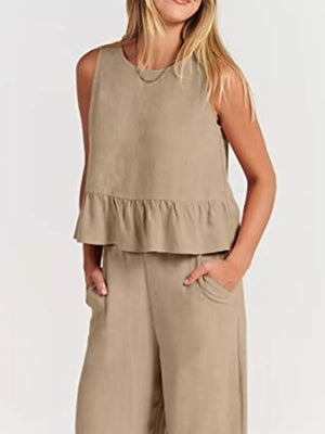 Ruffled Hem Sleeveless Top And Wide-leg Pants Set Plus Size in Black, view 22