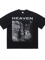 Black cotton blend oversized graphic tee with crew neck and "HEAVEN'S DANCE" print.