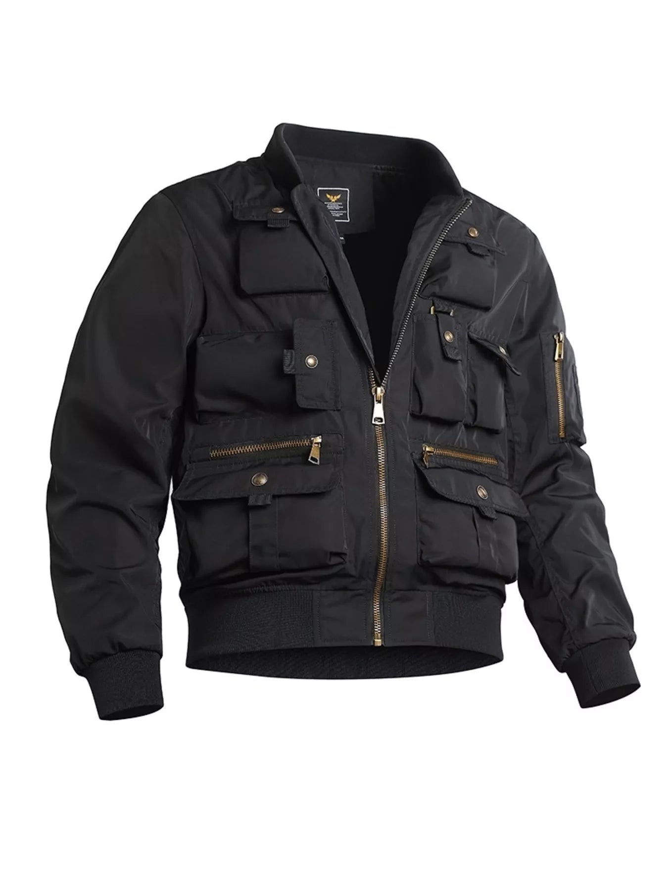 Black utility jacket with multiple zippered and buttoned pockets, zip-up front, and ribbed cuffs.