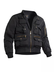 Black utility jacket with multiple zippered and buttoned pockets, zip-up front, and ribbed cuffs.
