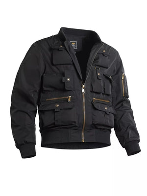 Black utility jacket with multiple zippered and buttoned pockets, zip-up front, and ribbed cuffs.