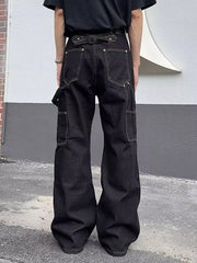 Men's dark wash 100% cotton wide leg jeans with utility pockets and a vintage buckle back.