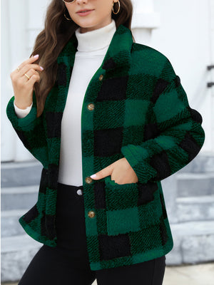 Plaid sherpa overshirt jacket in dark green and black with button front and pockets.