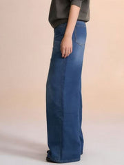 Maternity wide-leg jeans in blue denim with a high waist and cutout detail.