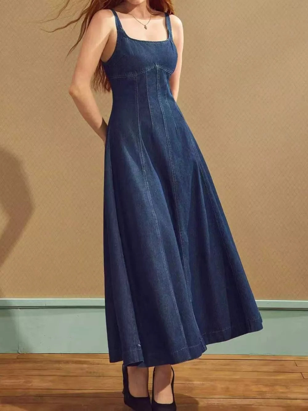 Square Neck A-line Denim Dress, close-up detail
