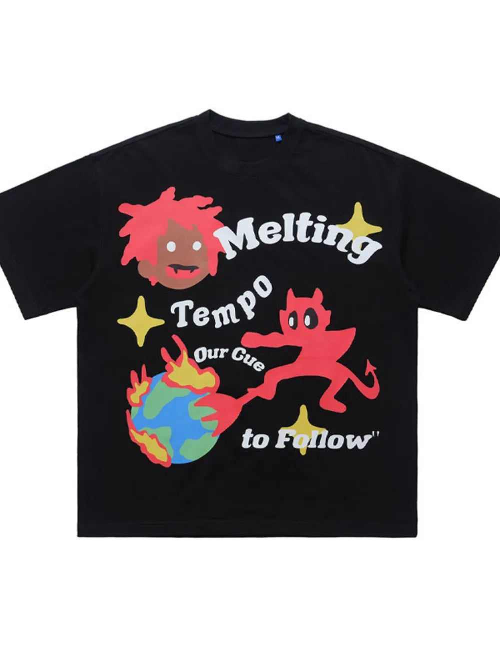 Black cotton oversized t-shirt with melting tempo graphic and devil on a burning earth.