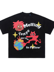 Black cotton oversized t-shirt with melting tempo graphic and devil on a burning earth.