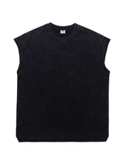 Black distressed relaxed fit men's tank top with crew neck and sleeveless cut.