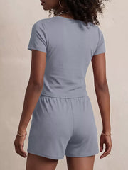 Blue scoop-neck tee and drawstring shorts set, comfortable loungewear for women.