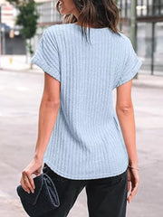 Light Blue ribbed knit maternity t-shirt with short sleeves and a relaxed fit.