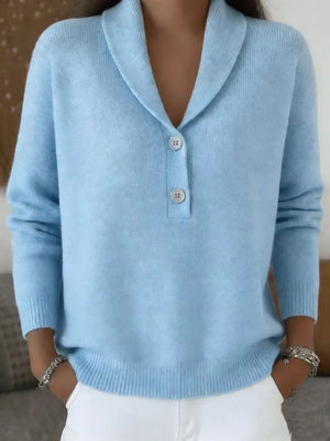 Button Detail Long Sleeve Sweater in Navy Blue, front view