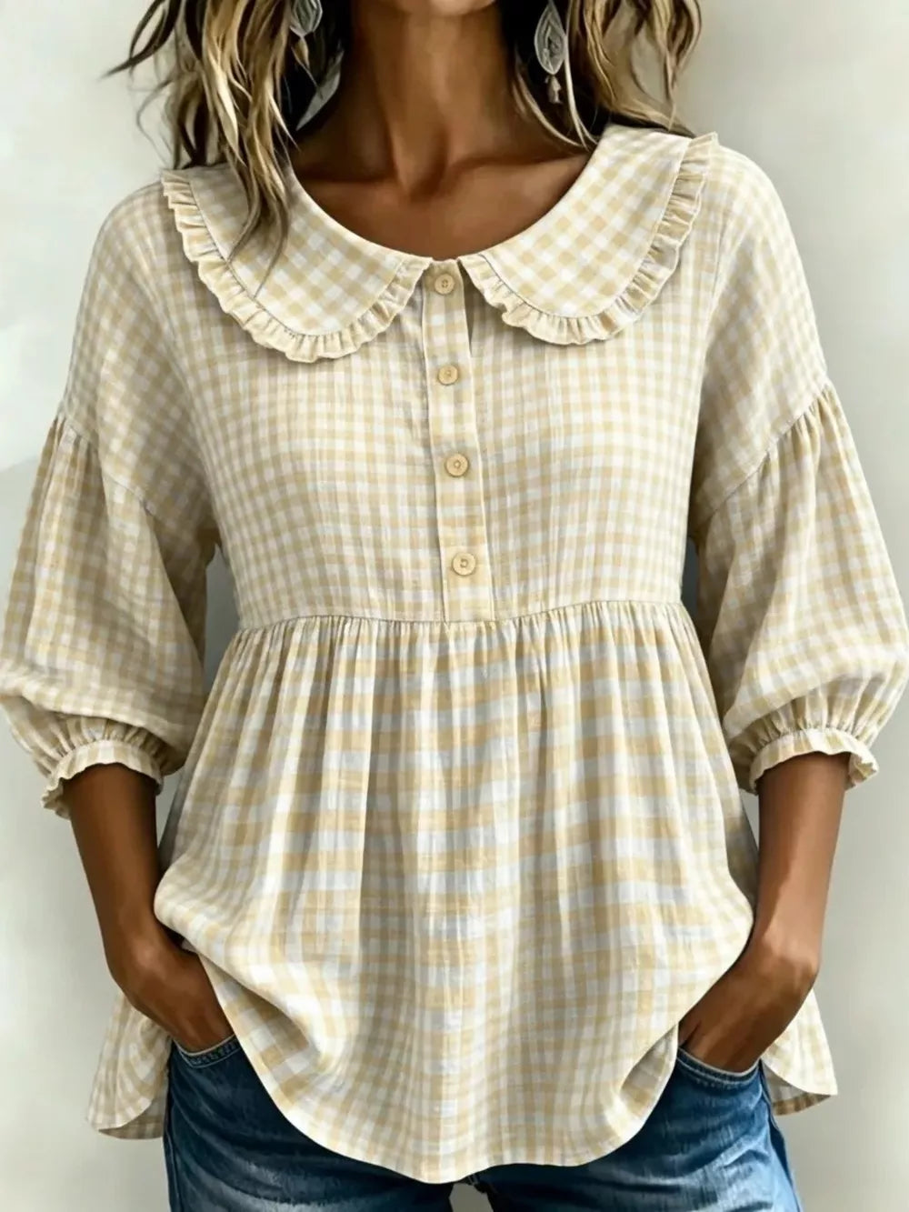 Full Size Gingham Peter Pan Collar Blouse Plus Size, back view
