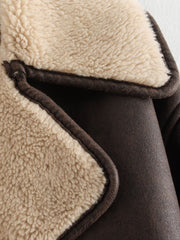 Chocolate aviator jacket with shearling trim and collar detail.