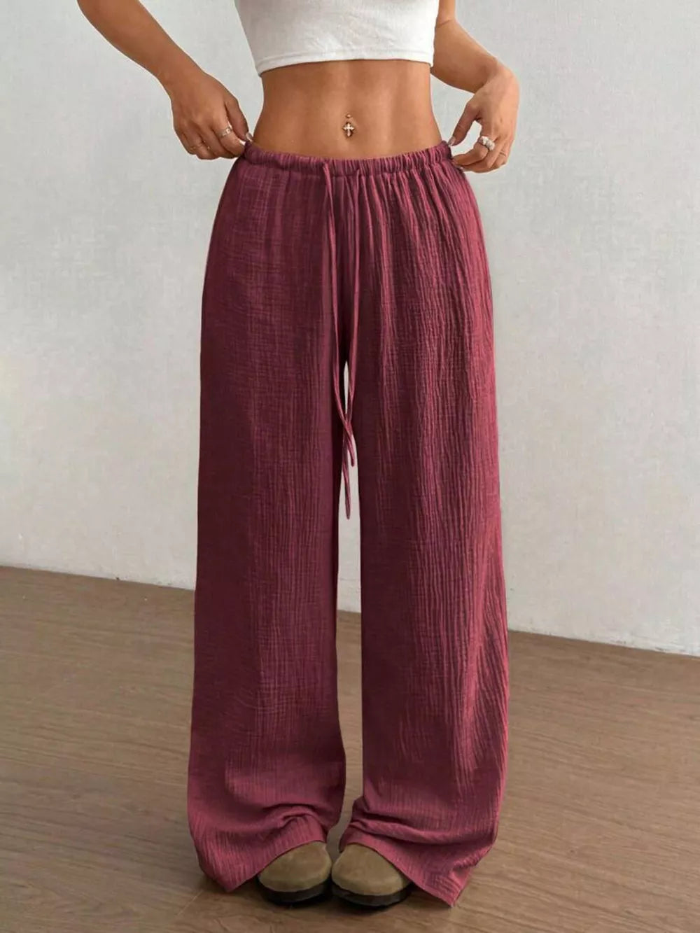 Wide-leg Drawstring Cotton Pants, alternate angle