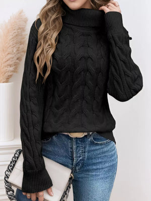 Black cable-knit turtleneck sweater with ribbed cuffs and hem.