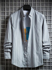 Grey striped long sleeve button-down shirt with a casual fit.