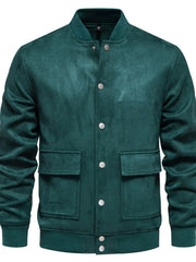 Deep Teal suede-effect bomber jacket with snap closure and two chest pockets.