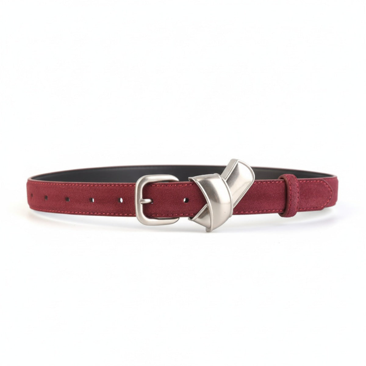 Red suede belt with sculptural silver buckle and silver buckle closure
