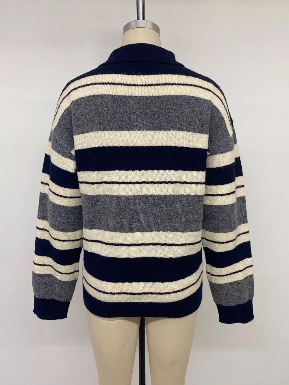 Striped Long Sleeve Button Detail Sweater in Dark Blue, view 12