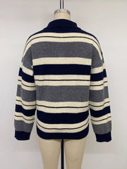 Striped Long Sleeve Button Detail Sweater in Dark Blue, view 12