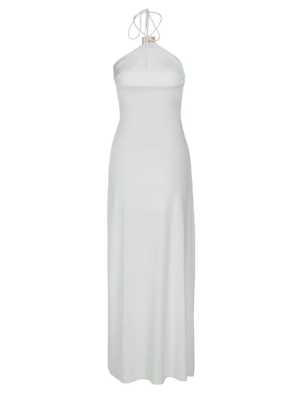 White halter neck ruched maxi dress with tie detail