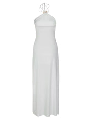White halter neck ruched maxi dress with tie detail