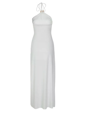 White halter neck ruched maxi dress with tie detail
