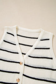 White nautical stripe knit vest with V-neck and button front detail.