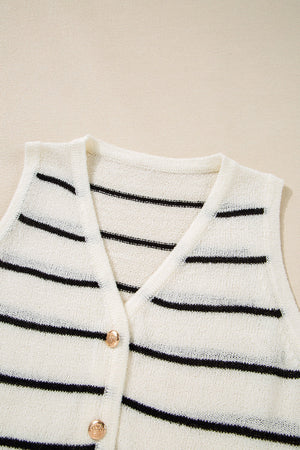 White nautical stripe knit vest with V-neck and button front detail.