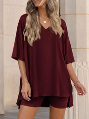 Burgundy V-neck two-piece set with oversized top and shorts, casual women's outfit