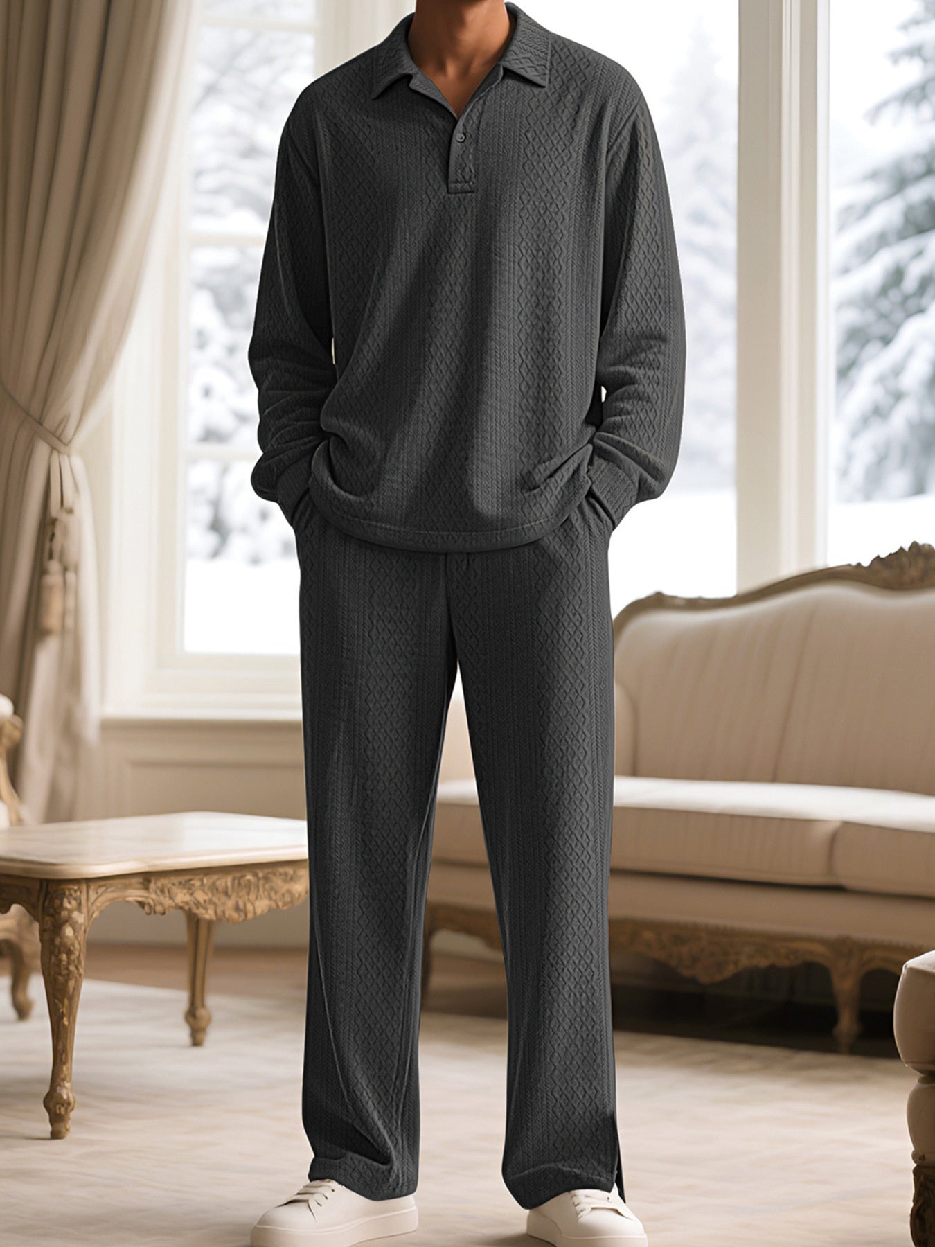 Men's Textured Long Sleeve Top And Pants Set, alternate angle