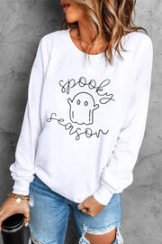 White crewneck sweatshirt with spooky season ghost graphic and script text.