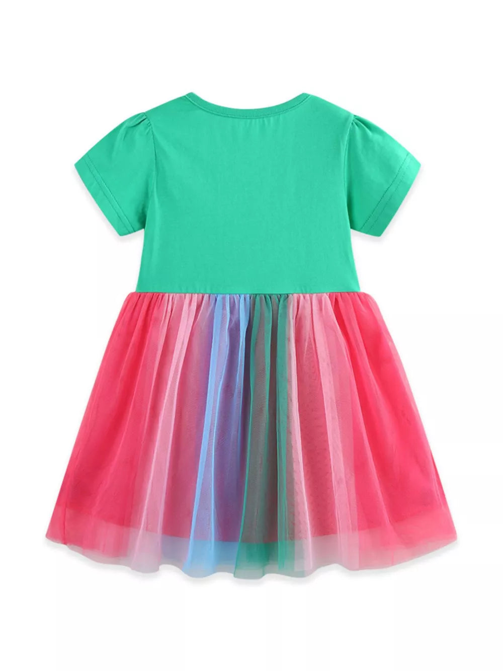 Green short sleeve dress with rainbow tulle skirt for baby girls