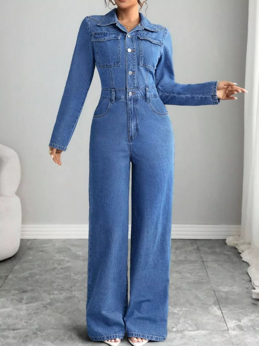 Button Front Long Sleeve Denim Jumpsuit, back view