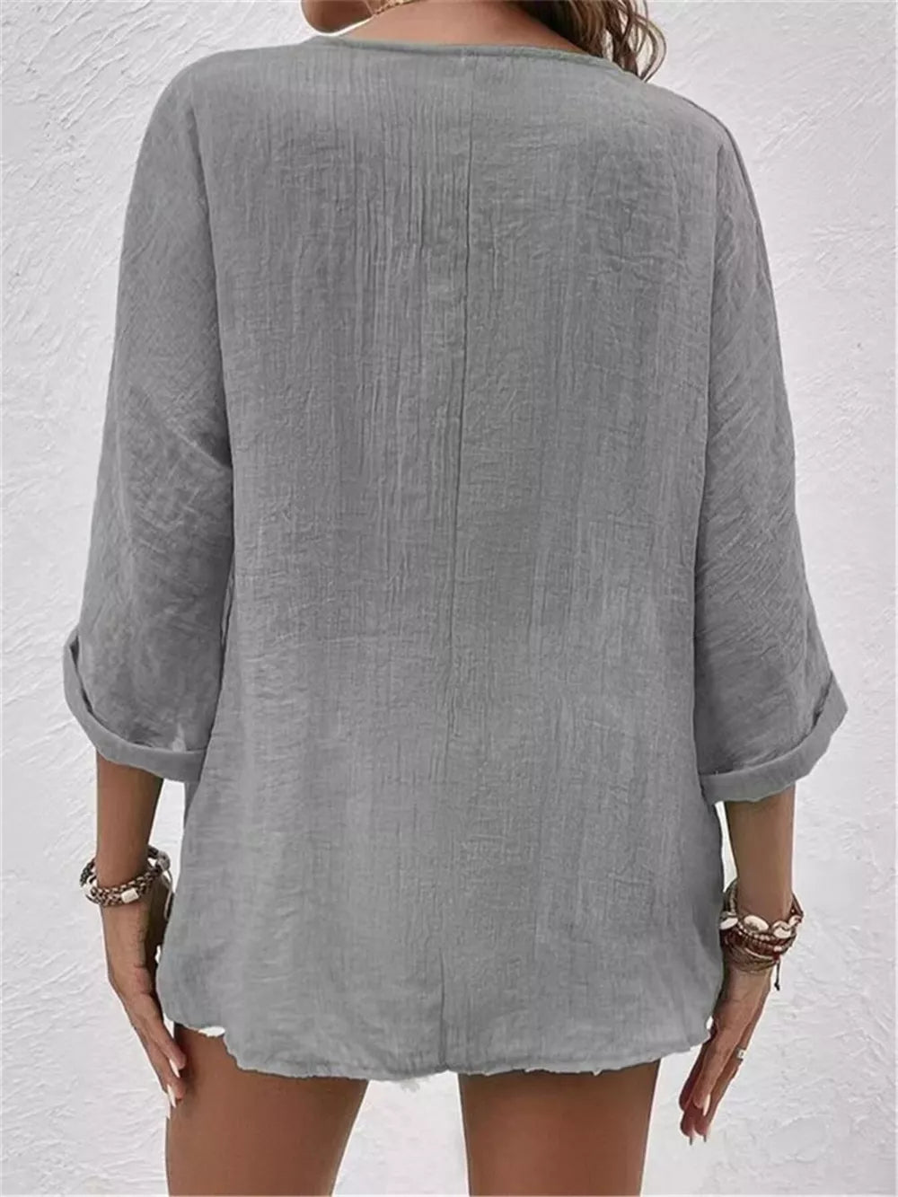 Full Size Casual V-neck Button-down Blouse in Blue, alternate angle