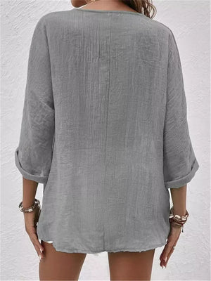 Full Size Casual V-neck Button-down Blouse in Blue, alternate angle