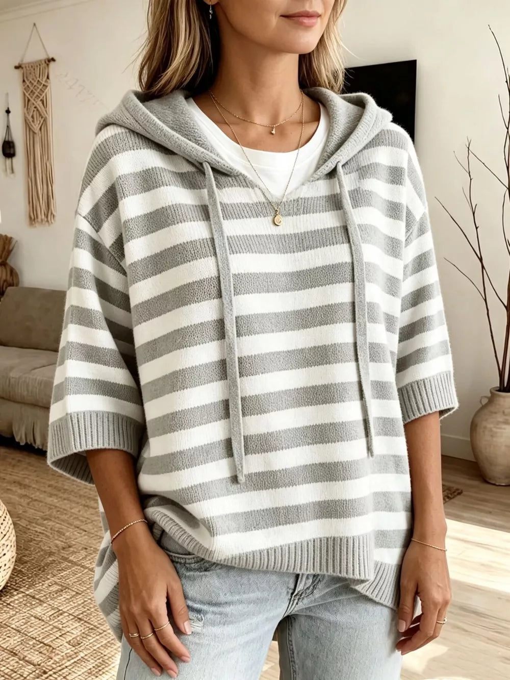 Full Size Drawstring Striped Hooded Sweater in Khaki, front view