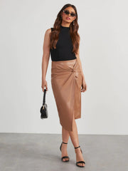 Tan faux leather midi skirt with knot detail and slit