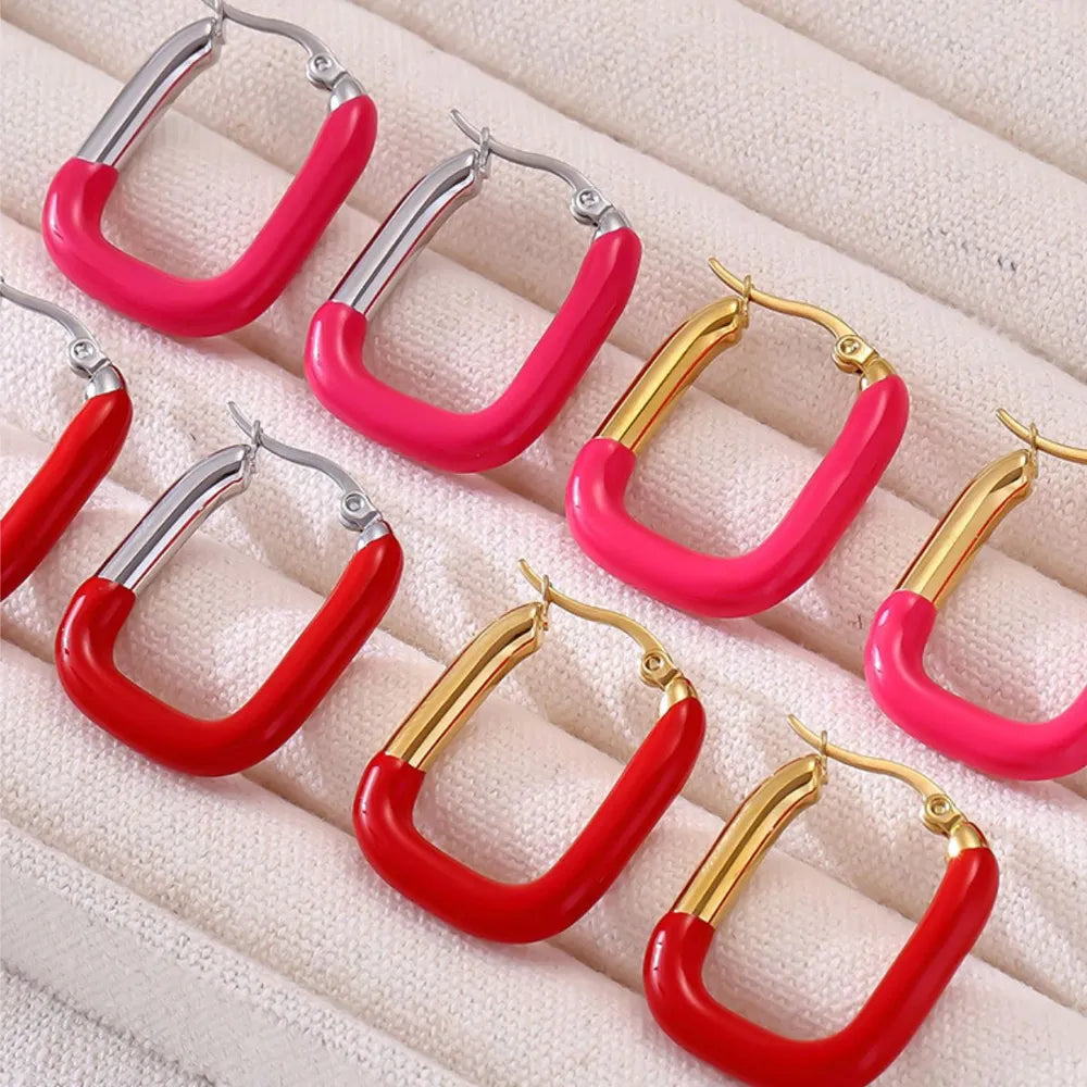 Two-tone enamel rectangle hoop earrings in red/silver, red/gold, hot pink/silver, and hot pink/gold.