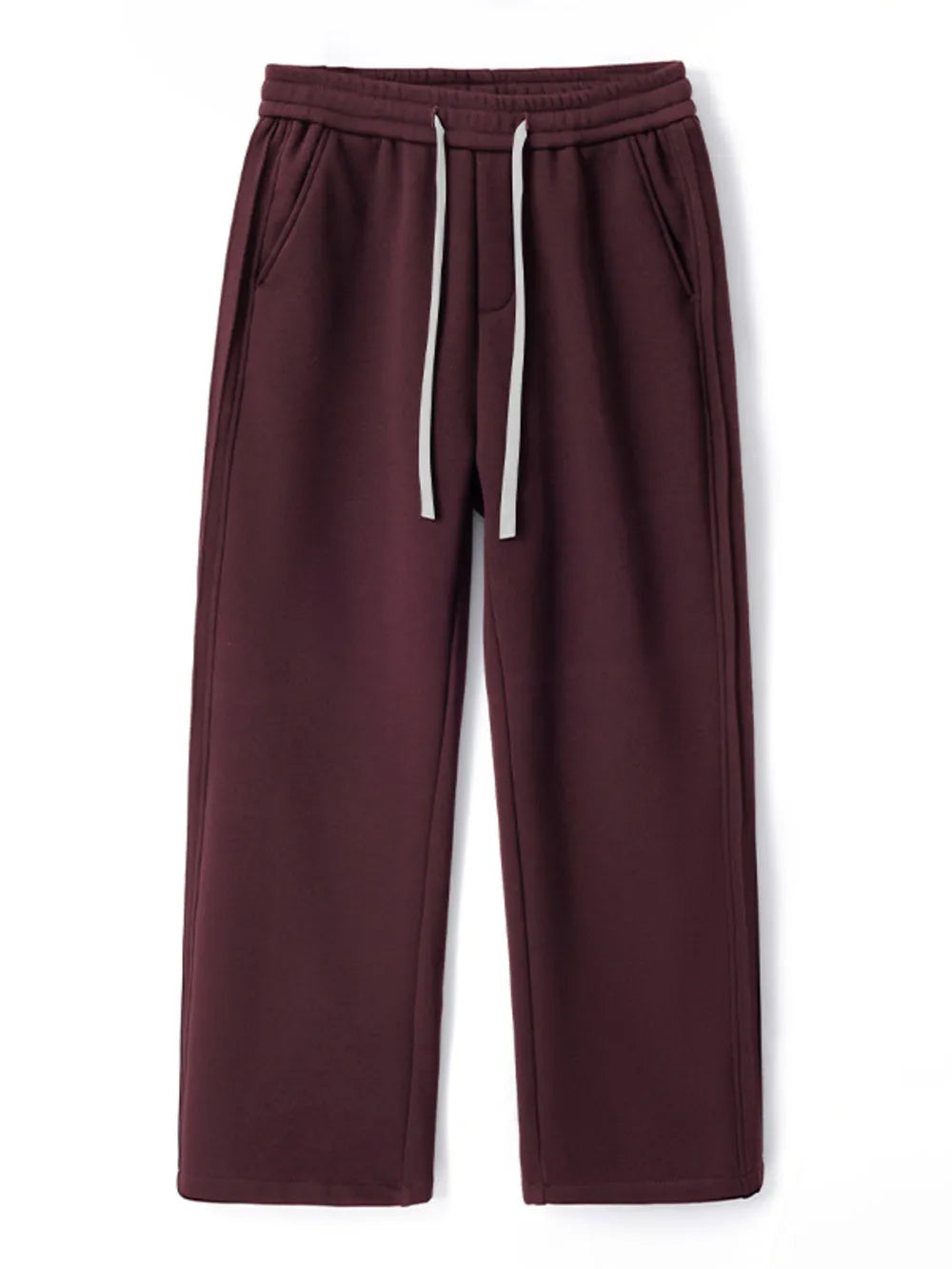 Burgundy relaxed fit men's sweatpants with white drawstring and side pockets.
