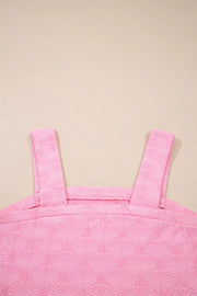 Pink textured square neck tank top with wide straps and a fan pattern.