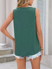 Dark green sleeveless tank top with lace trim detail and a relaxed fit.