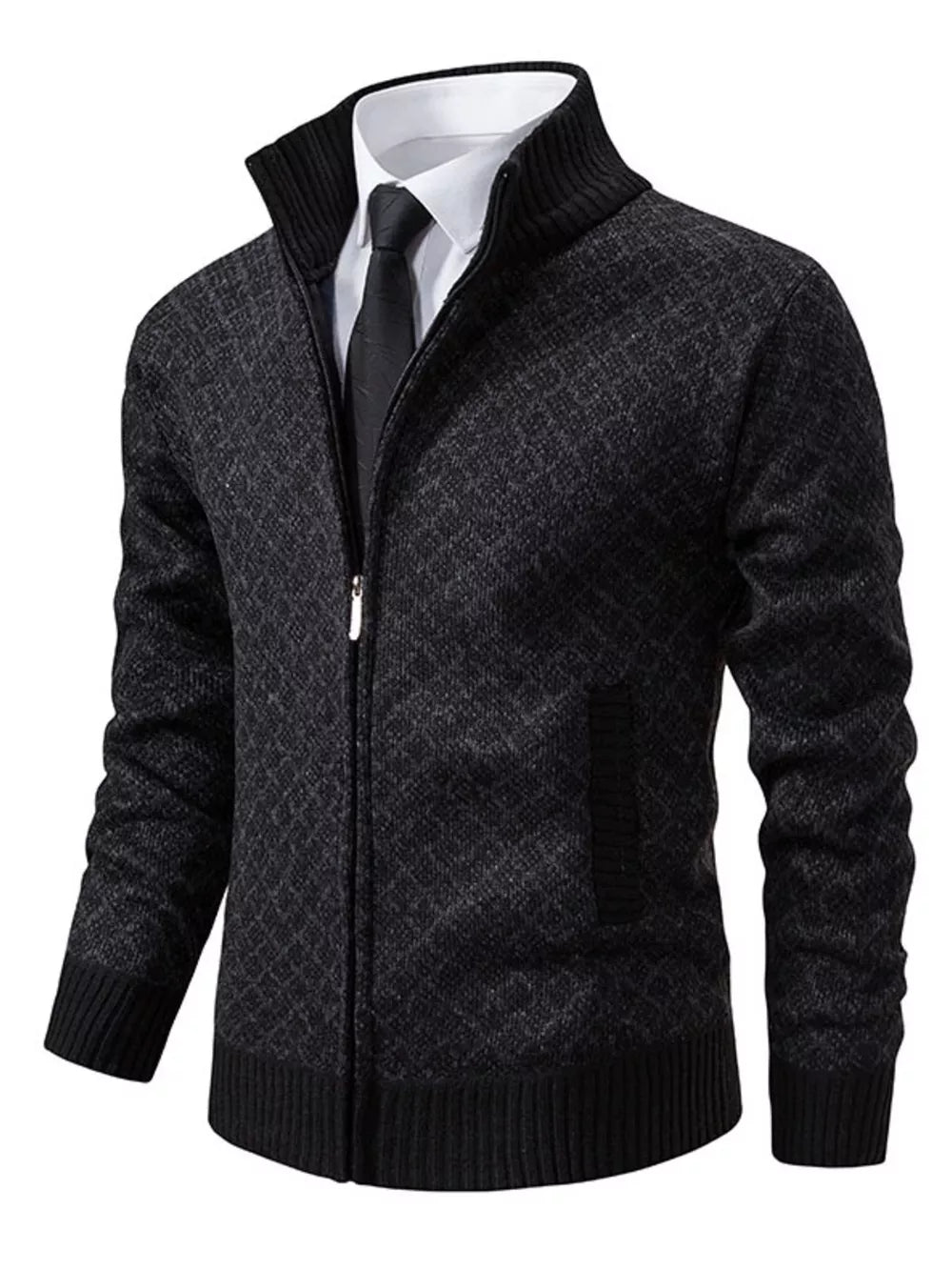 Men's Plus Size Textured Zip-up Cardigan in Black, front view