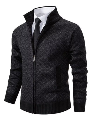 Men's Plus Size Textured Zip-up Cardigan in Black, front view