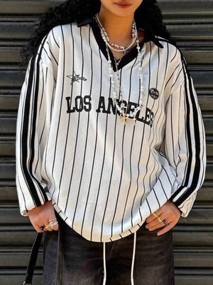 Los Angeles striped long-sleeve t-shirt with a polo collar and black stripes on sleeves.