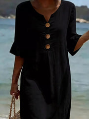 Black casual dress with ruffled sleeves and button detail, V-neck, 3/4 sleeves