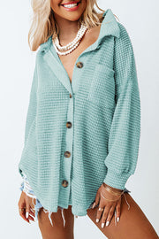 Light Green Waffle Knit Button-Down Shirt Jacket with button closure and chest pocket.